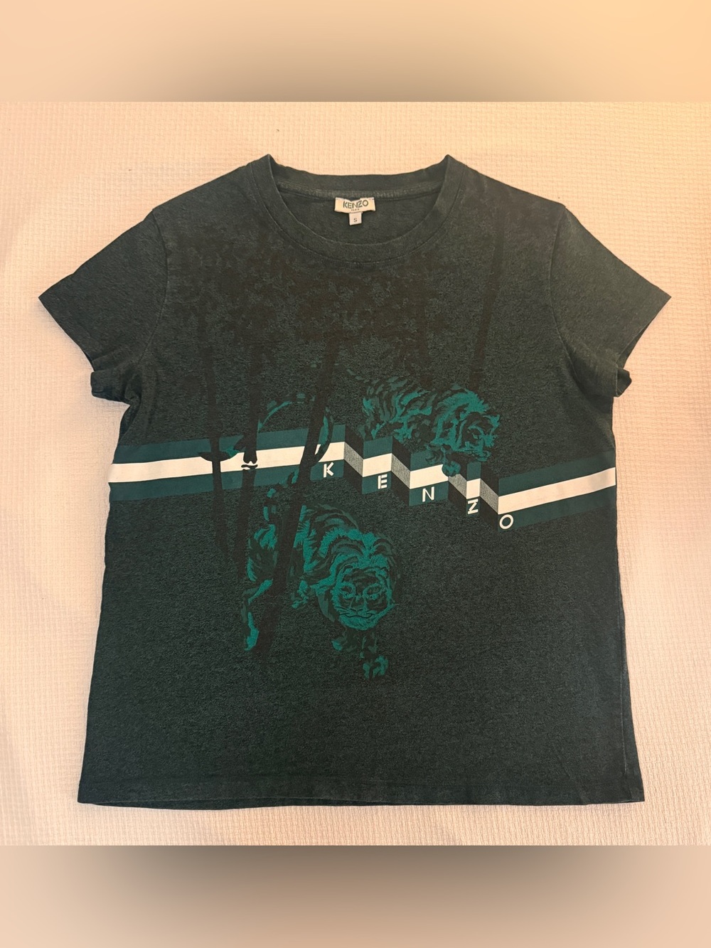 Dark Green Kenzo Tee with Teal, White, & Black Tiger Graphics Size Small